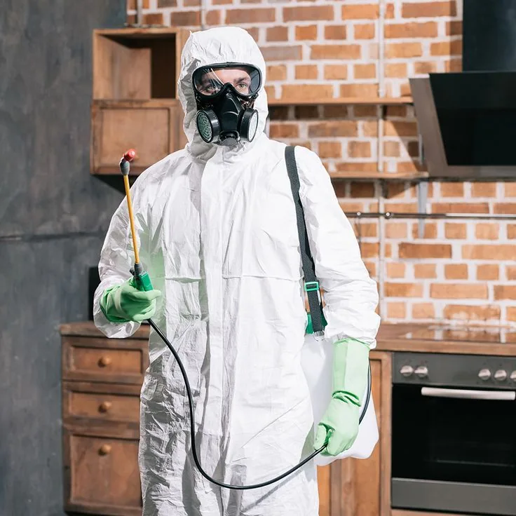 Pest control technician in protective equipment preparing treatment inside a kitchen